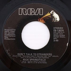 Rick Springfield Don't Talk To Strangers/Tonight 1982 45 rpm Single Vinyl Record